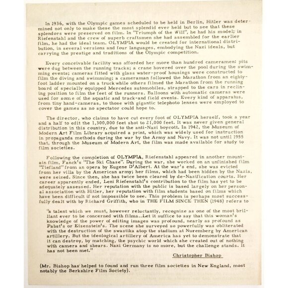 1956 Cinema 16 Film Notes Olympia Riefenstahl WW2 Germany Doc Original C99 - Picture 3 of 3